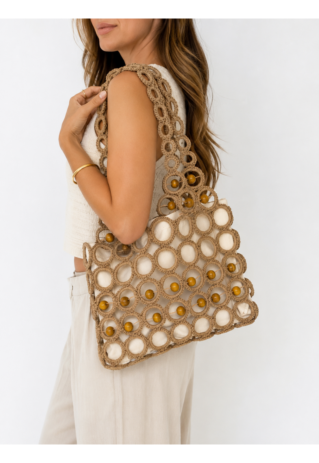 Bolsa Artesanal em Macramê com Forro de Tecido e Detalhes Madeira - Estilo Boho Natural