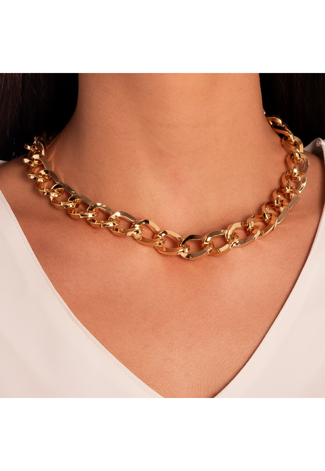 Colar Correntaria Dourado Elos Lisos 