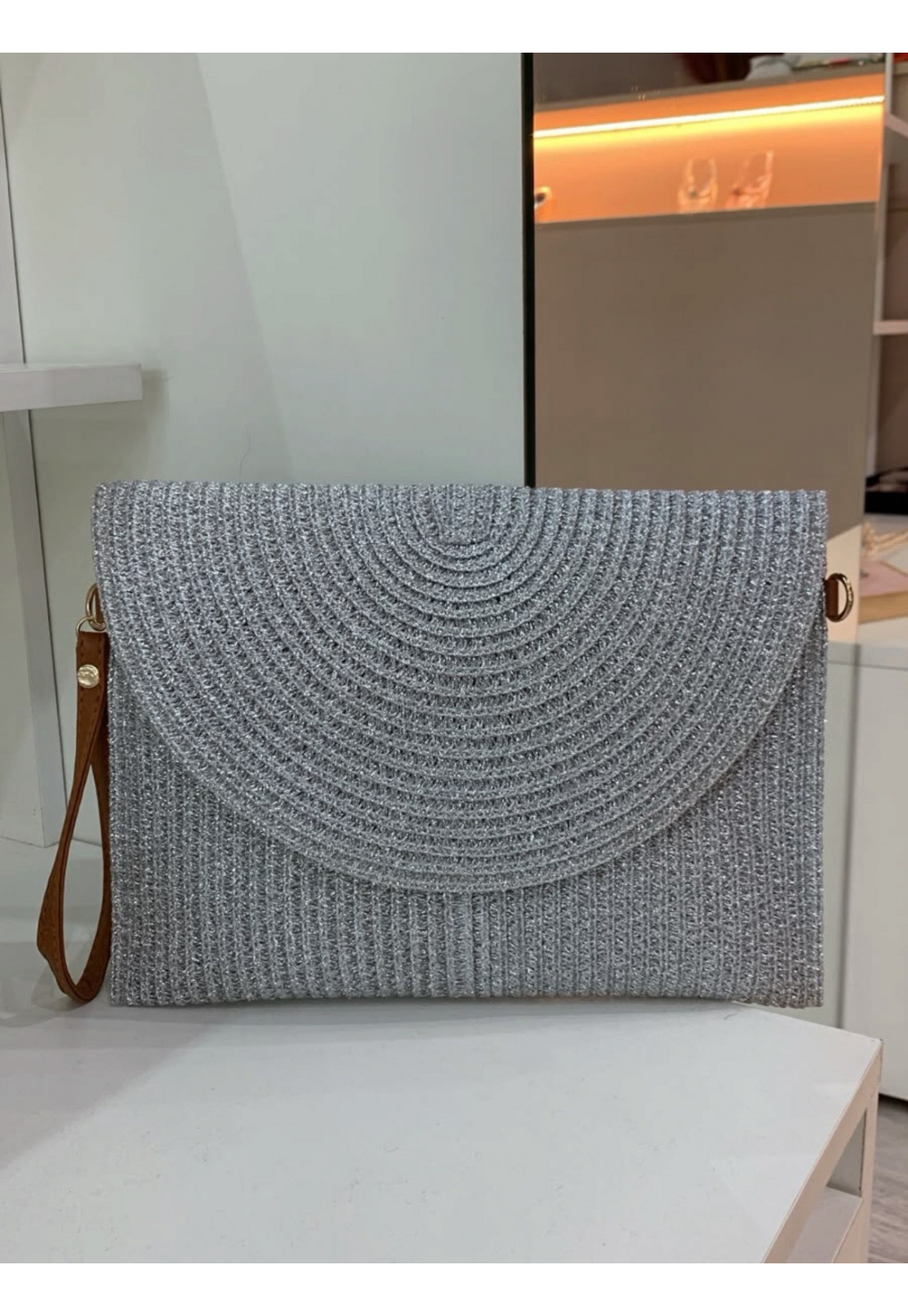 Clutch retangular estilho Palha Prata com Alças Clutch retangular estilho Palha Prata com Alças