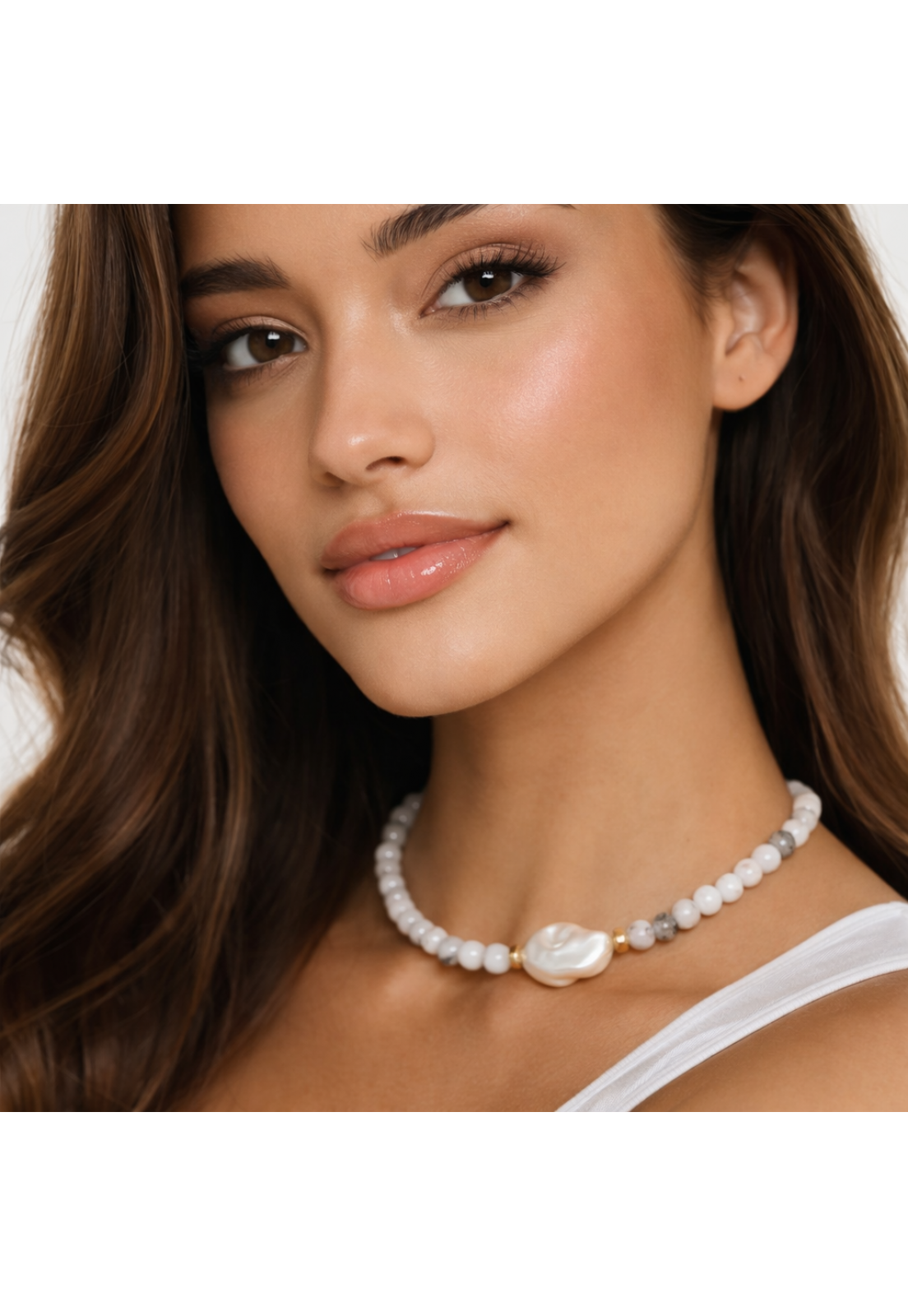 COLAR PEDRA QUARTZO COM TURMALINA NEGRA E PEROLA SHELL