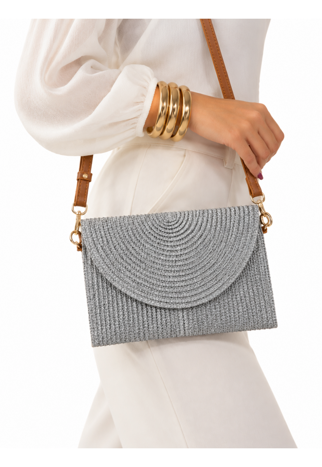 Clutch retangular estilho Palha Prata com Alças