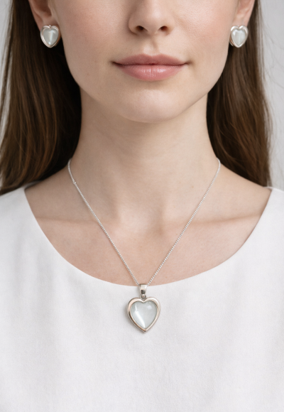 CONJUNTO COLAR E BRINCO PRATA CORAÇÃO COM PEDRA GRAFITE