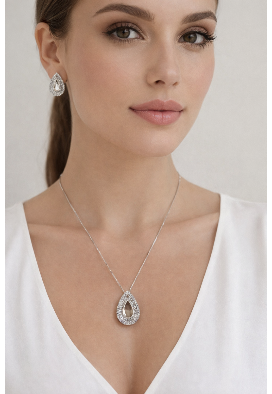 CONJUNTO COLAR RODIO BRANCO CRISTAL COM BAGUETE E MICROZIRCONIAS