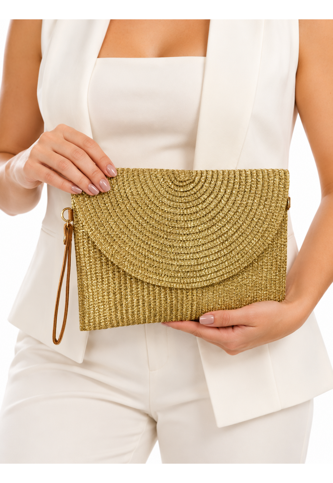 Clutch retangular estilho Palha Dourada com Alças