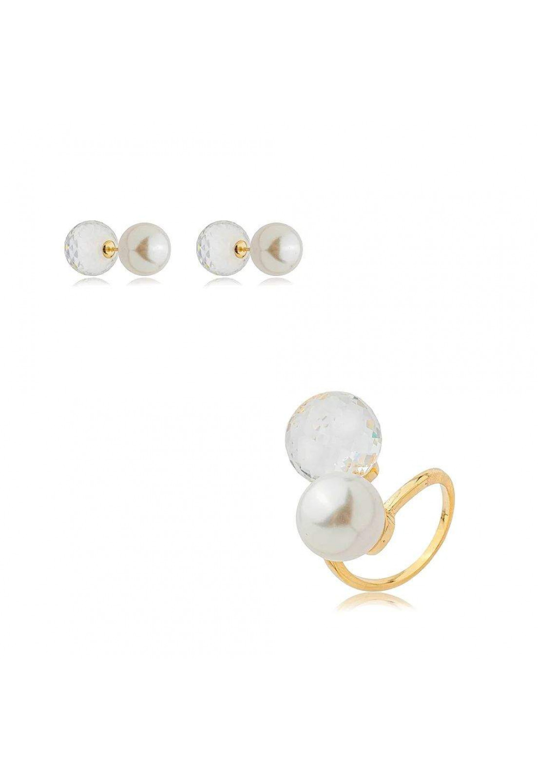 Conjunto de brinco e anel de pérola com cristal banho em ouro 18k