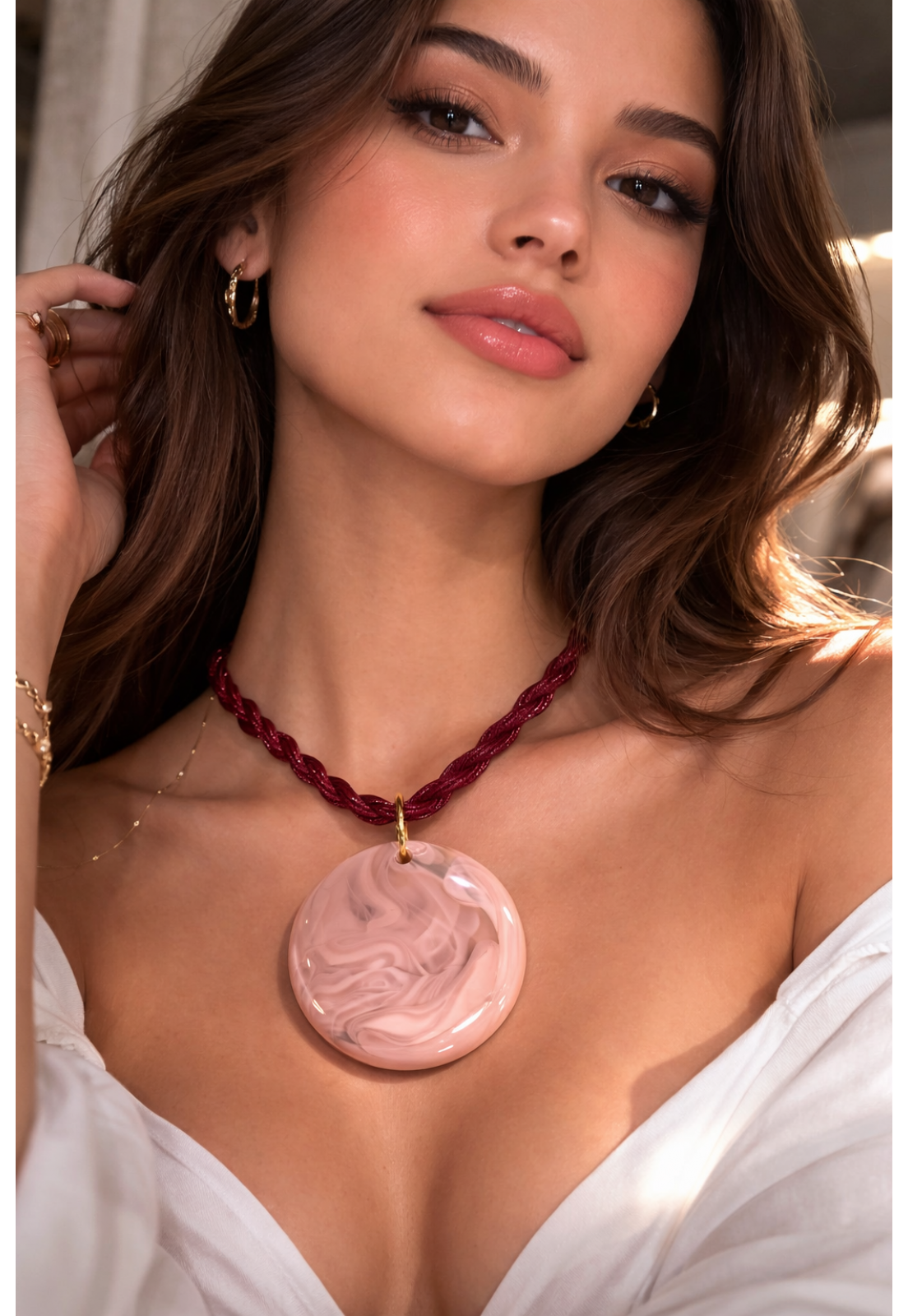 COLAR ELO VINHO E PINJENTE BOLA ROSA