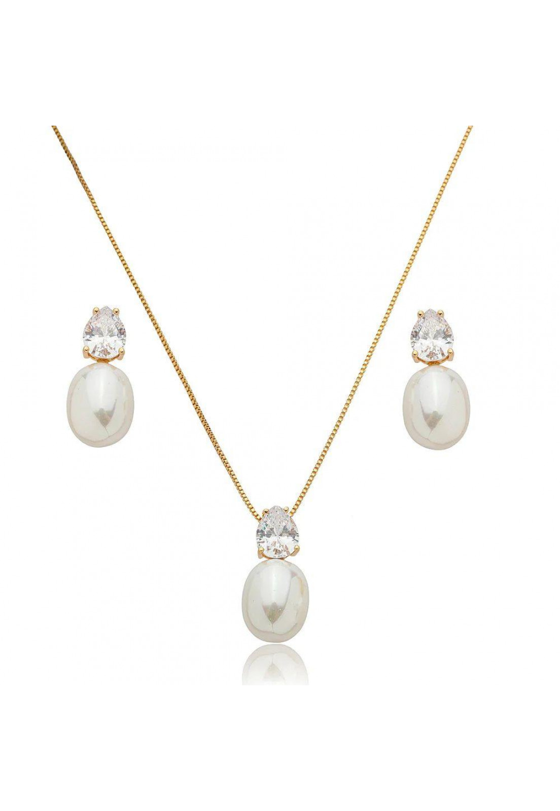 Conjunto de brinco e colar de pérola shell banho em ouro 18k