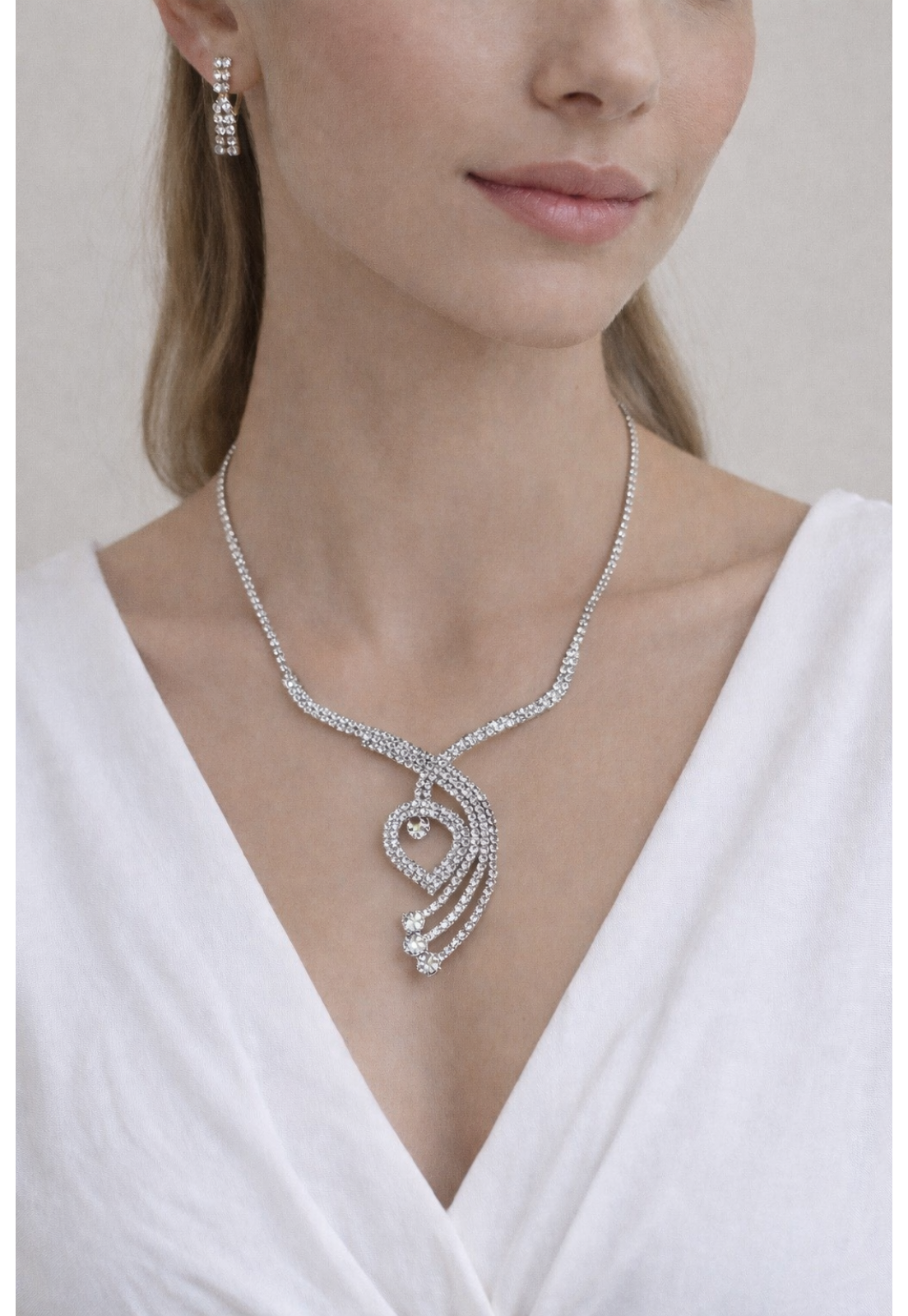 CONJUNTO FESTA COLAR E BRINCO STRASS PRATA