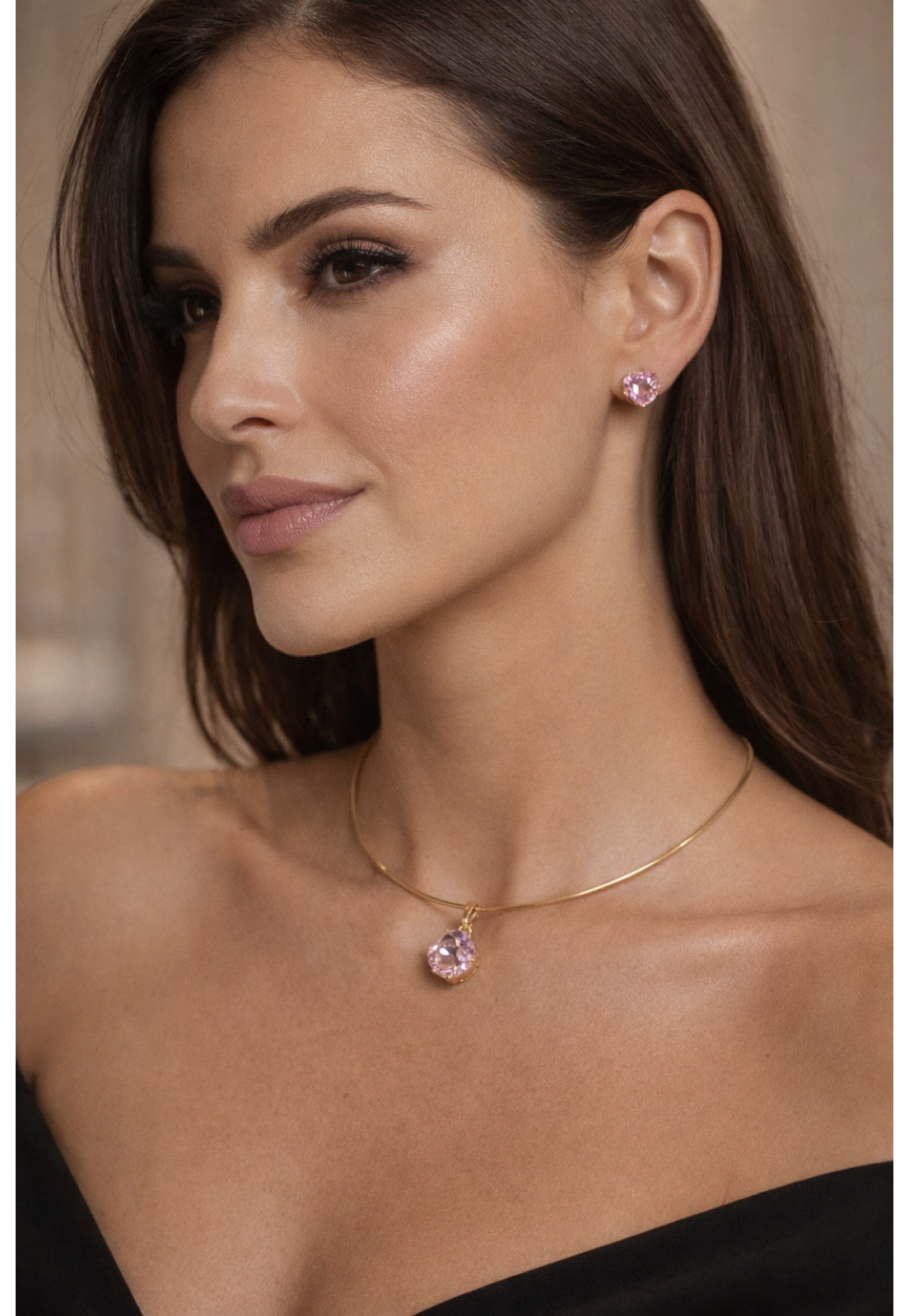 CONJUNTO COLAR E BRINCO PONTO DE LUZ ROSA