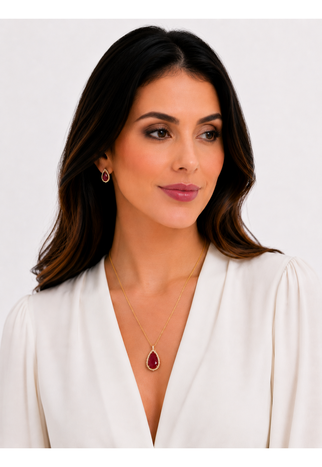 Conjunto Colar e Brincos ouro 18K  Pedra RUBI Translucida e Microzirconias 