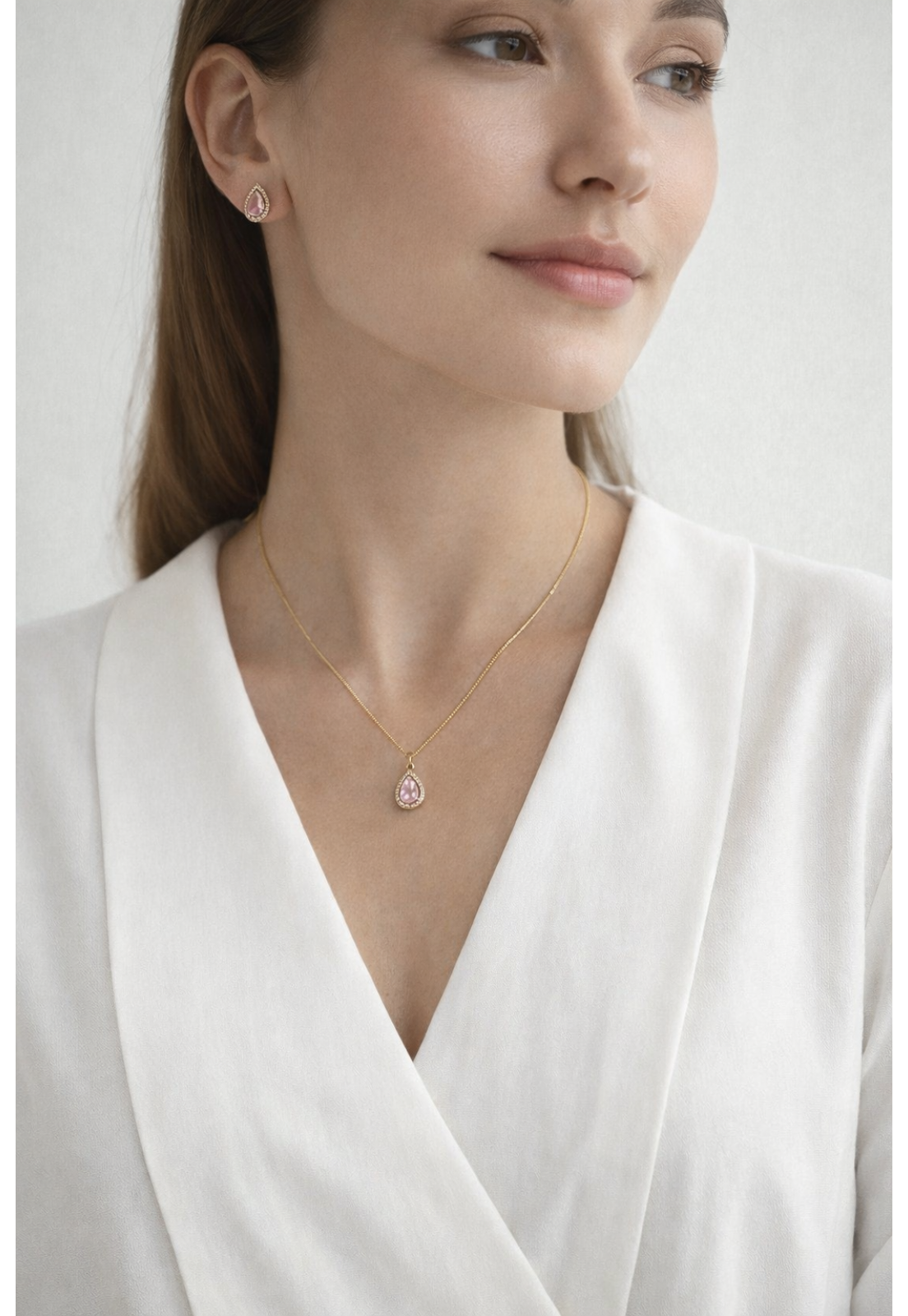 CONUNTO COLAR E BRINCO GOTA ROSA BEBE DOURADA