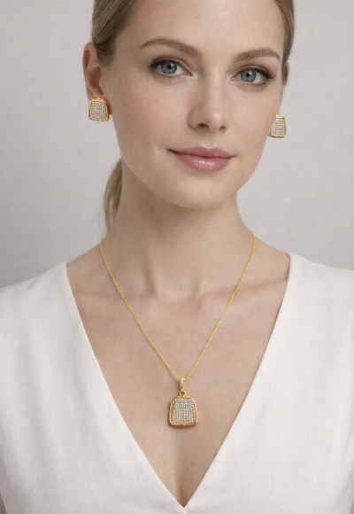 CONJUNTO COLAR E BRINCO DOURADO CRAVEJADO BRILHO