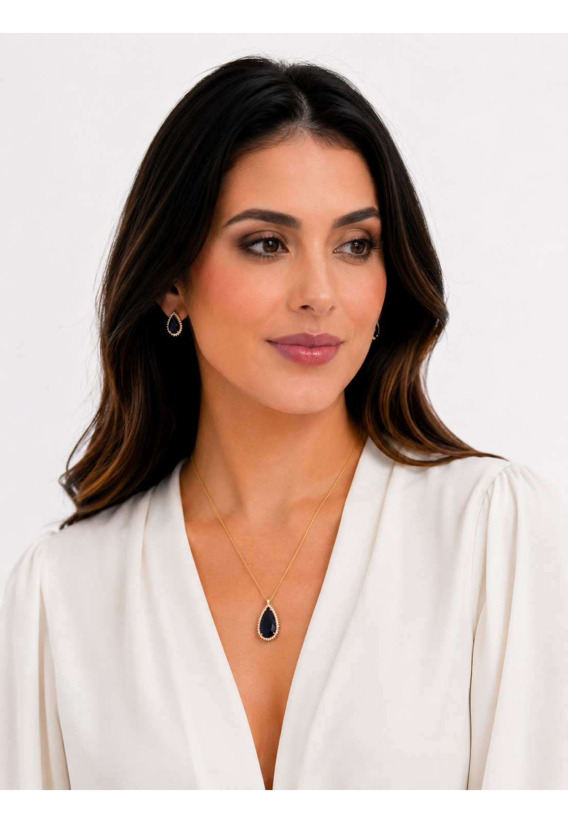 Conjunto Colar e Brincos ouro 18K  Pedra Azul Safira Translucida e Microzirconias 