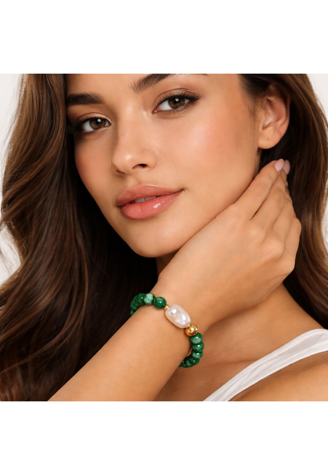PULSEIRA PEDRA NATURAL JADE VERDE COM PEROLA