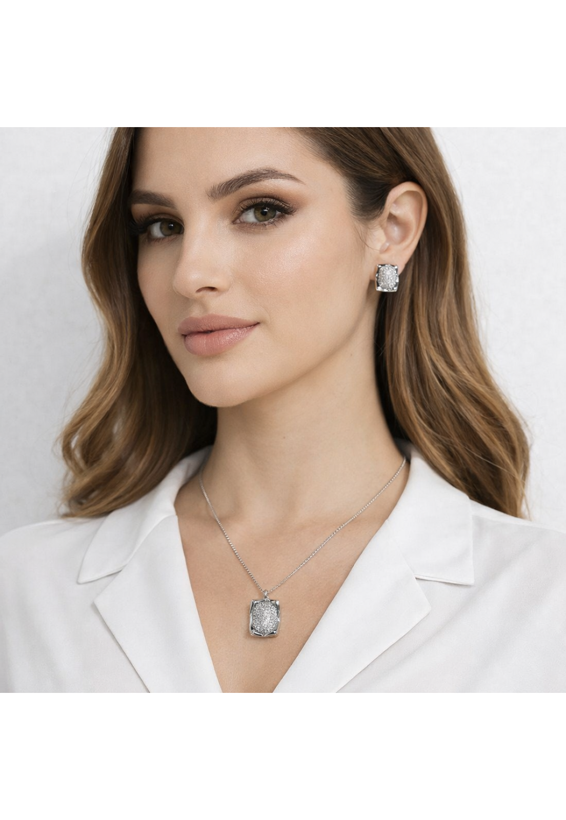 CONJUNTO PRATA COLAR E BRINCO RETANGULAR CRISTAL CRAVEJADO