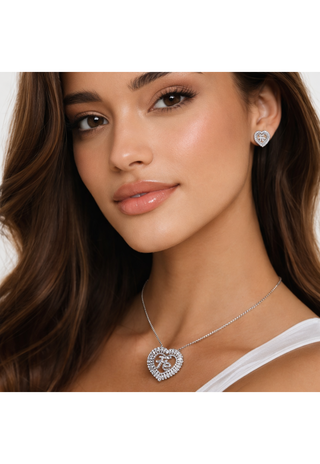 CONJUNTO Coração em baguete escrita Fé em Zirconias Ródio Branco