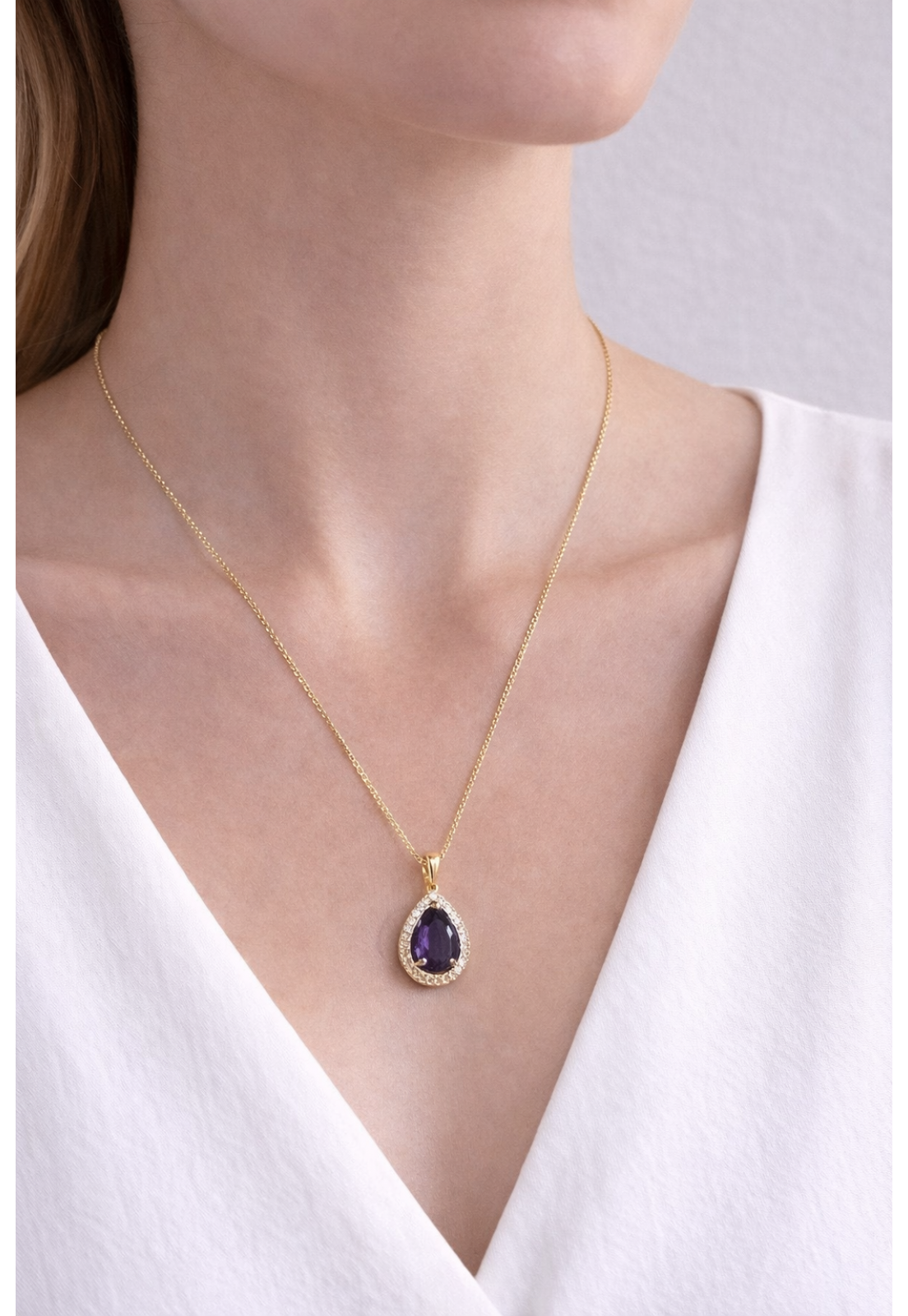 CONJUNTO COLAR OURO 18K GOTA AMETISTA CONTORNO CRAVEJADO ZIRCONIA