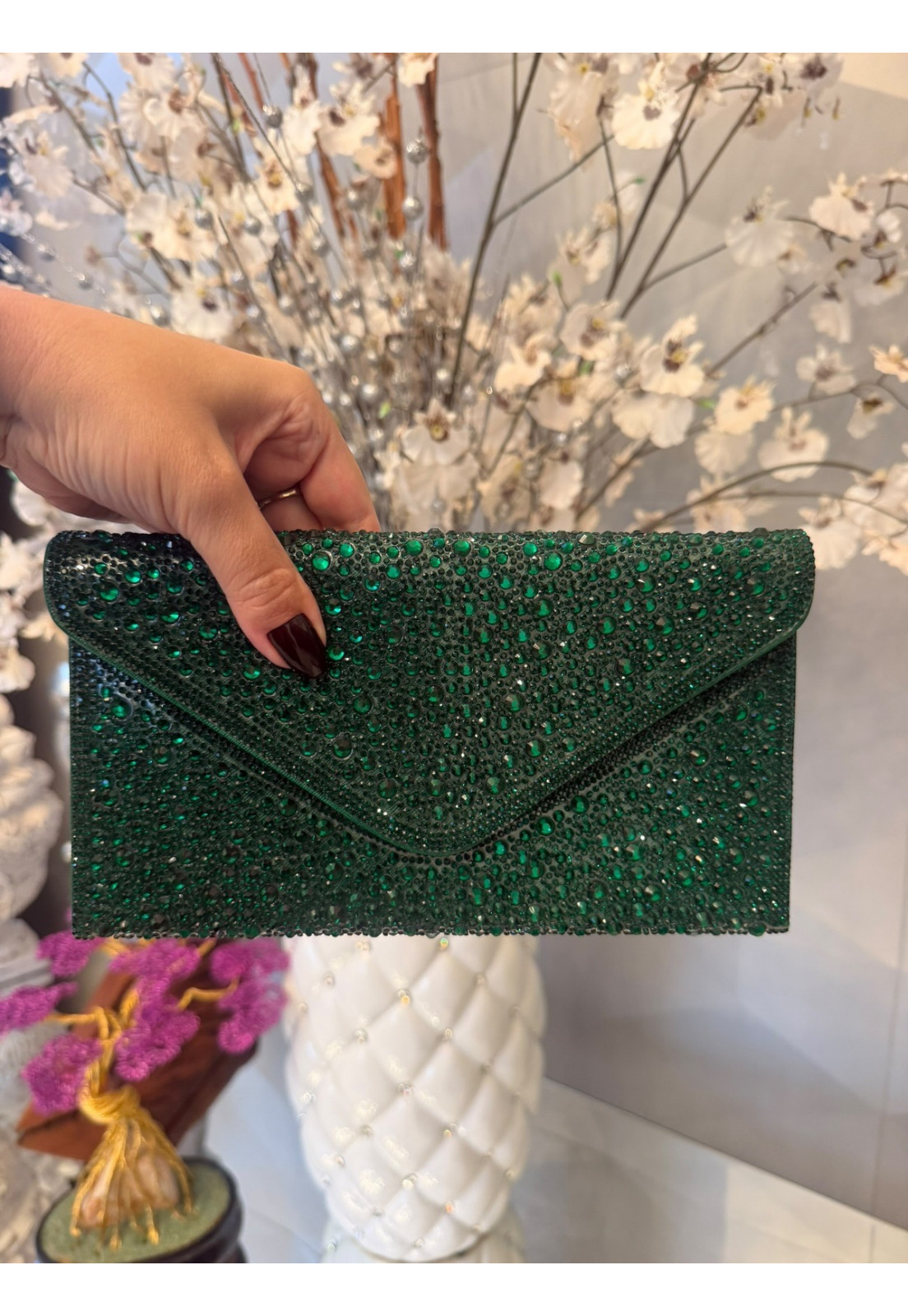 Clutch Carteira de festa pedrarias Verde Esmeralda