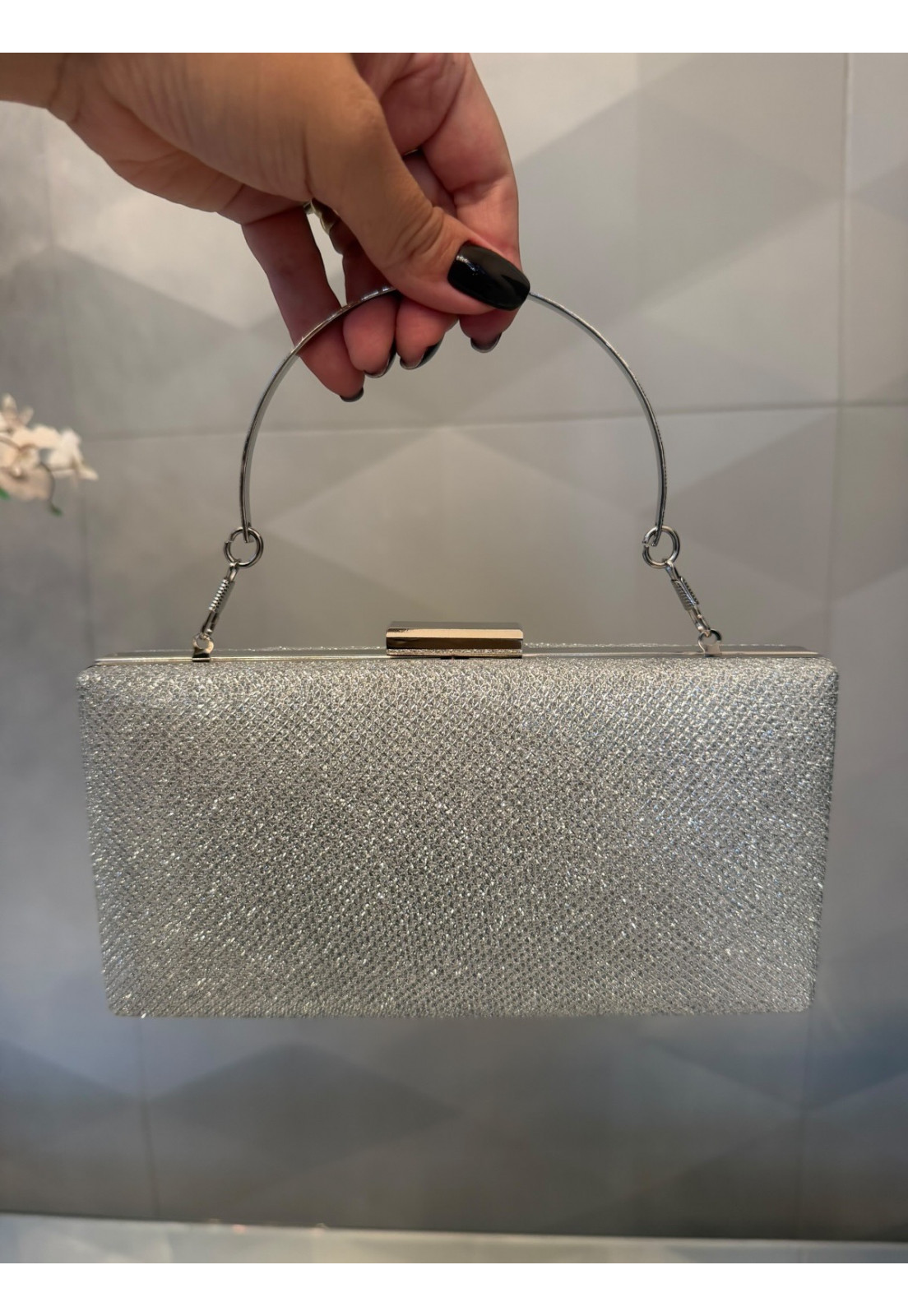 Clutch Festa Prata com brilho e detalhes prata