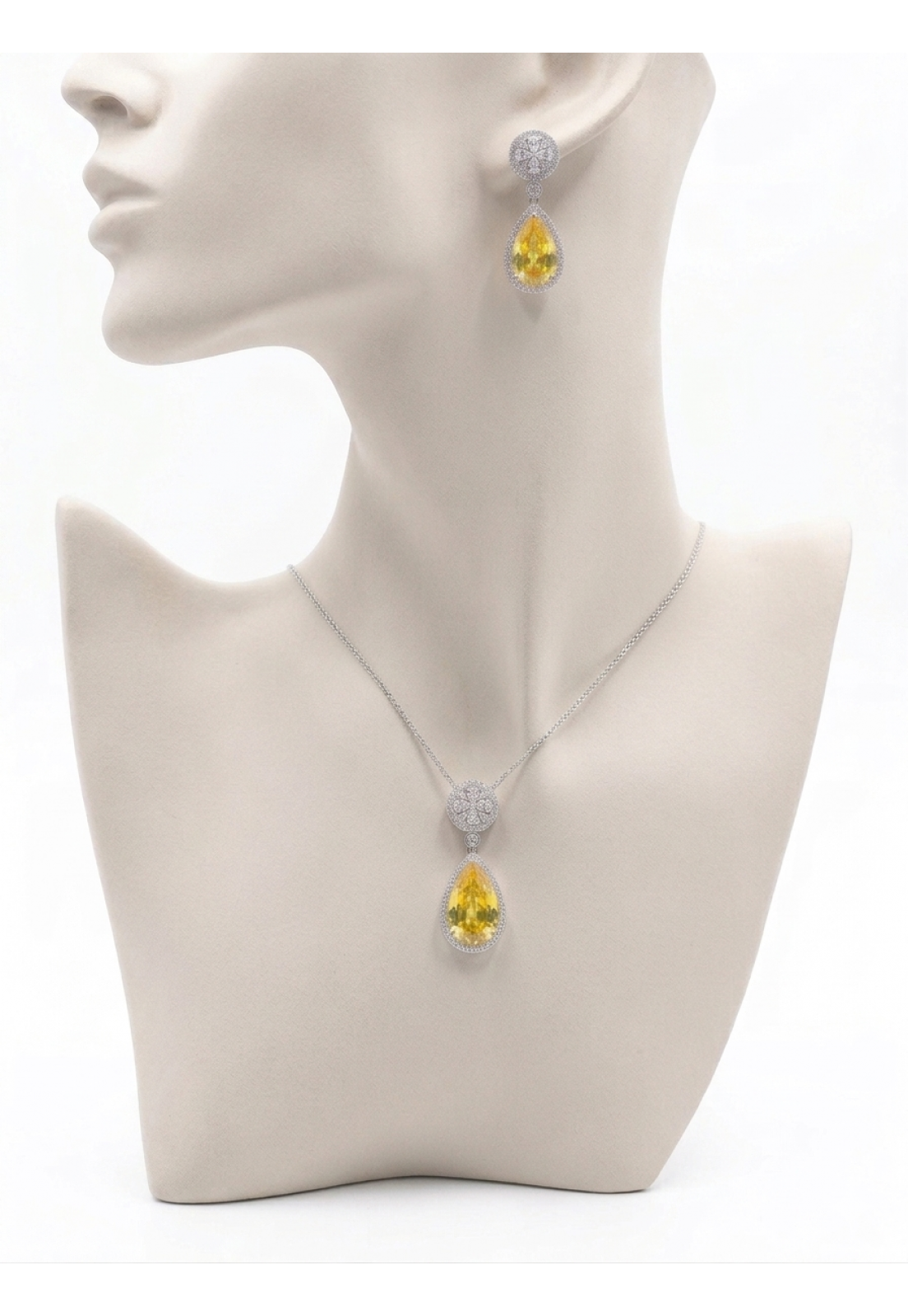 Conjunto Colar e Brincos Ródio Branco pedra Yellow Translucida e microzirconias 