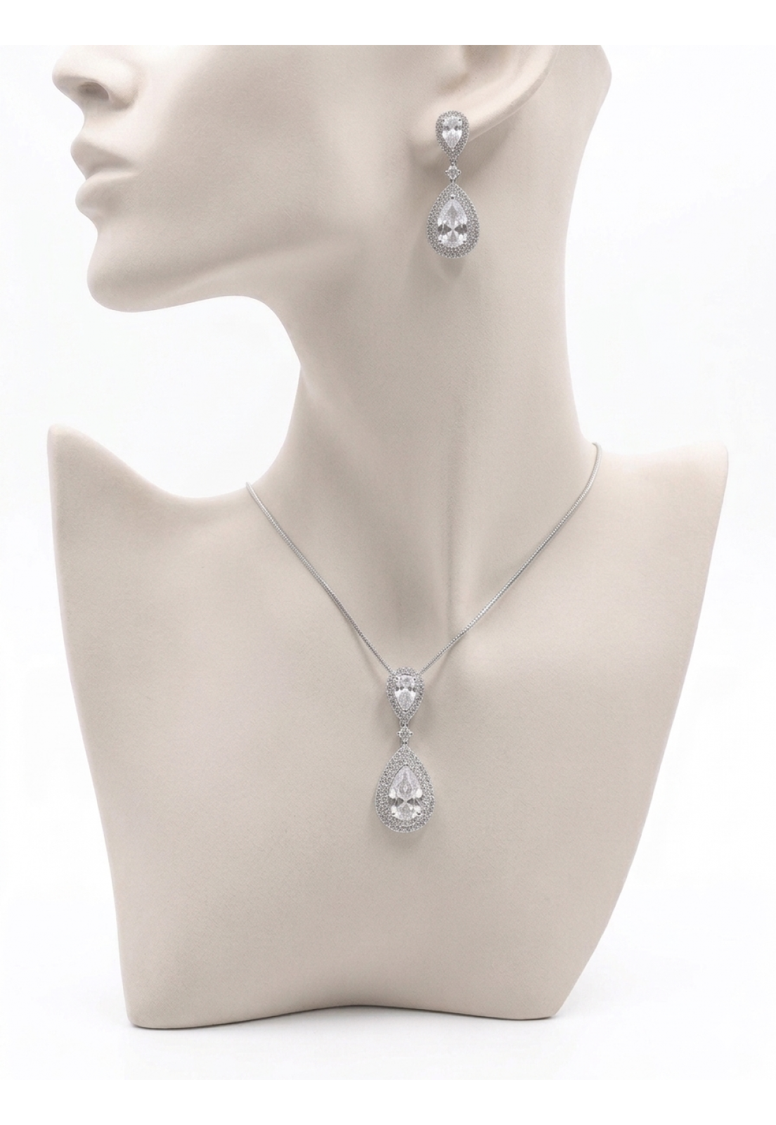 Conjunto Colar e Brincos Ródio Branco pedra Cristal cravejado em microzirconias 