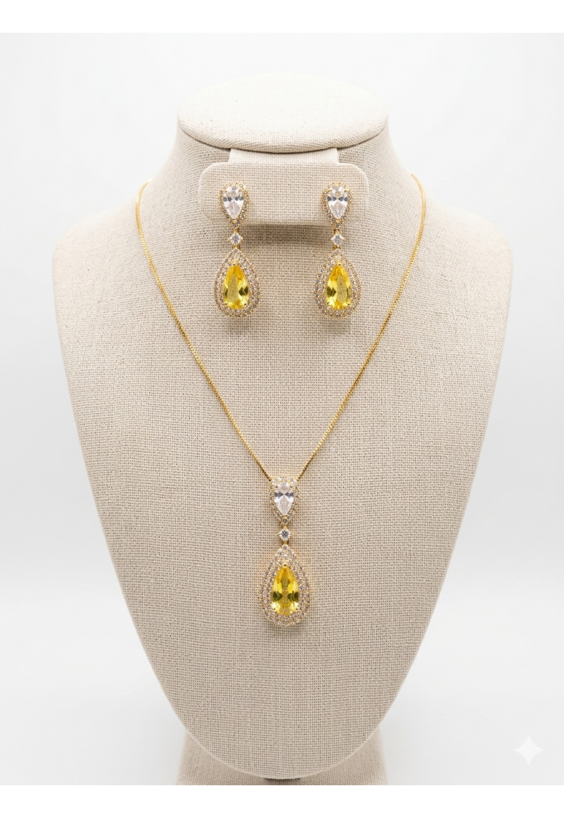 Conjunto Colar e Brincos Ouro18K pedra Yellow e Cristal cravejado em microzirconias 