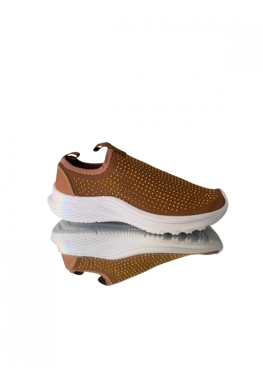 Tênis meia Slip on Caramelo com Hotfix Brilho dourado
