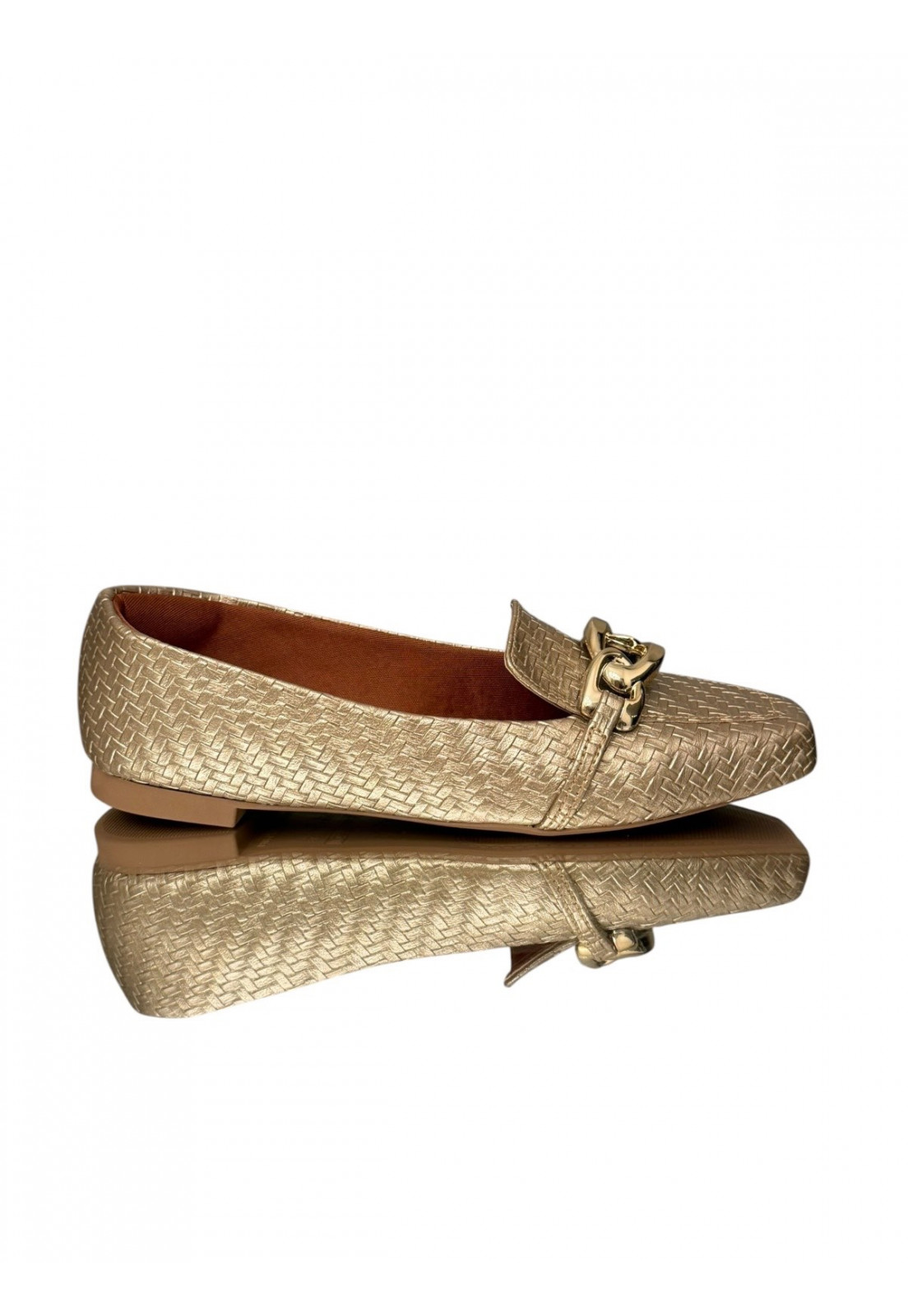 MOCASSIM DOURADO CROCO COM FIVELA METALIZADA DOURADA 