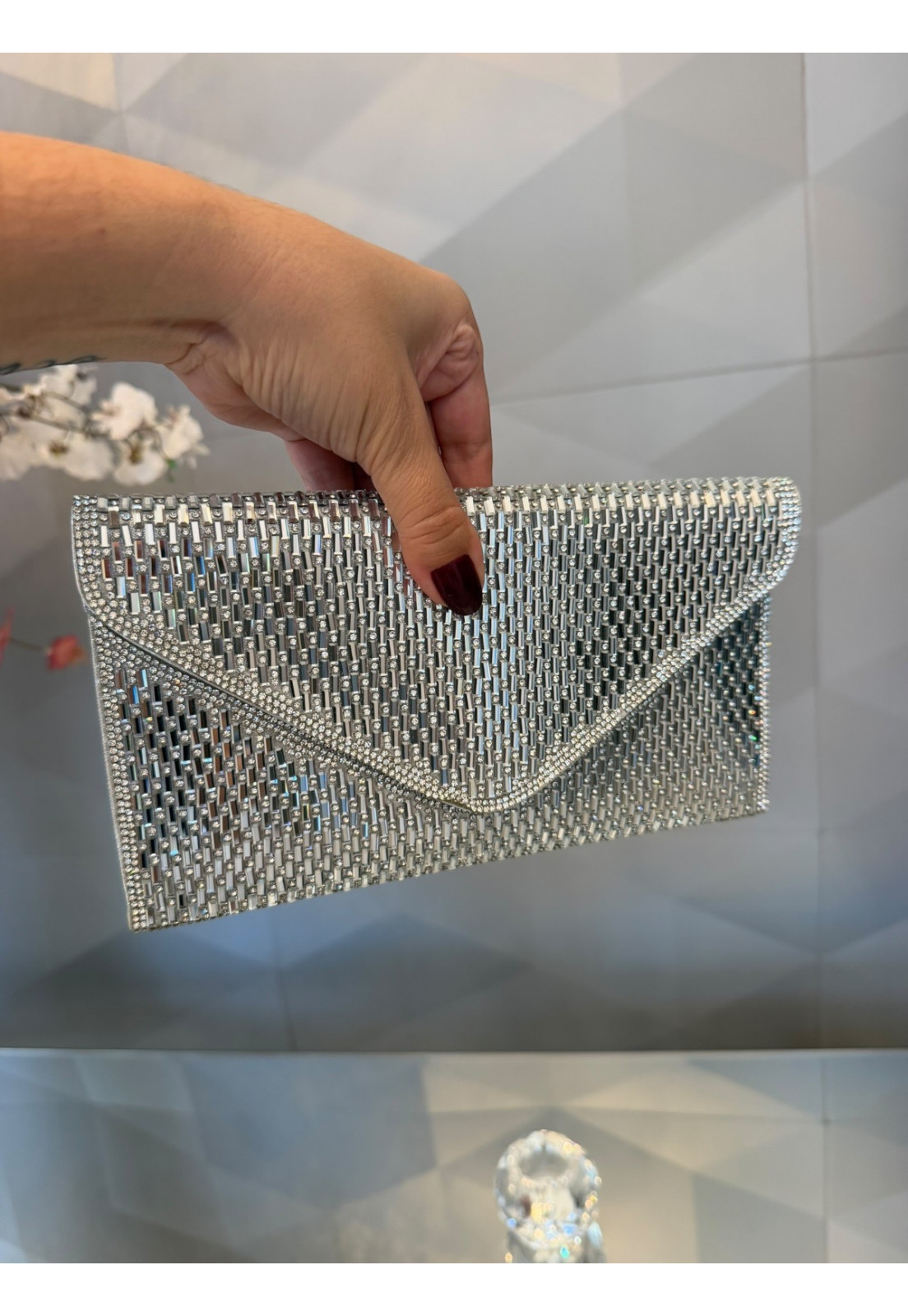 Clutch Luxo festa carteira Prata com Vidrilhos Cristais