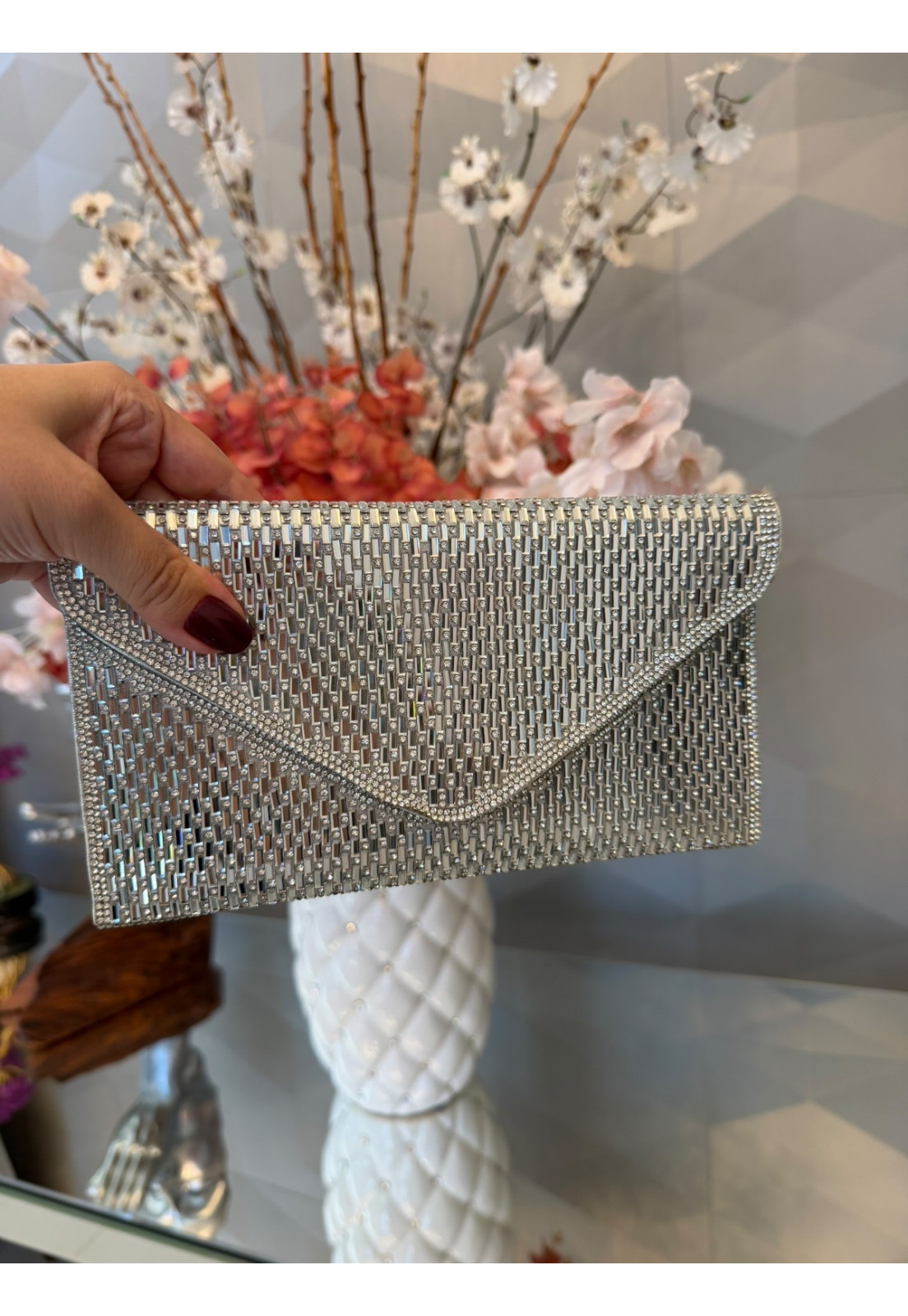 Clutch Luxo festa carteira Prata com Vidrilhos Cristais Clutch Luxo festa carteira Prata com Vidrilhos Cristais