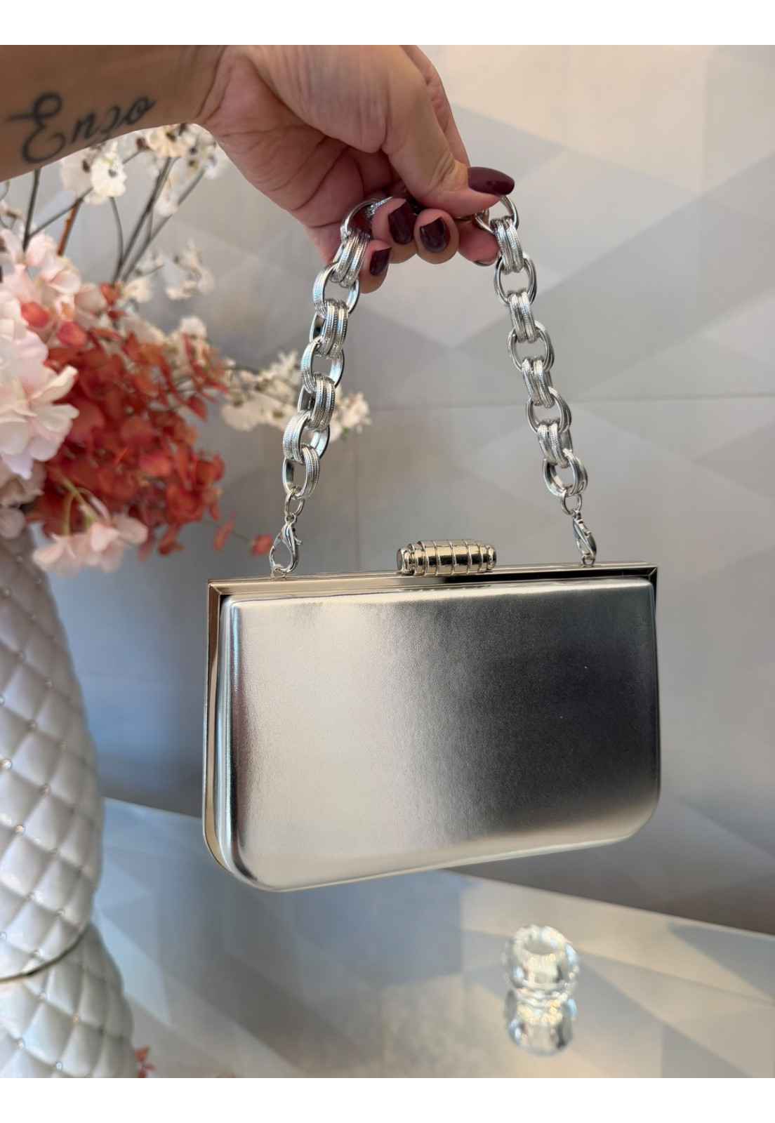 Clutch Luxo festa com alça Prata