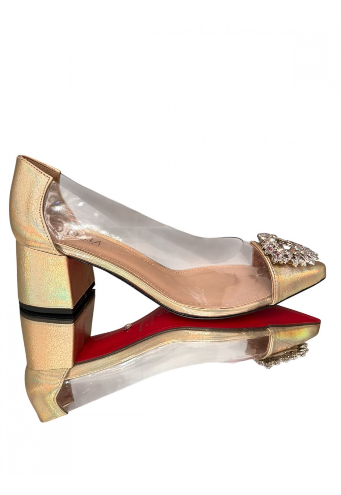 Scarpin Dourado Holográfico e Vinil com pedraria Salto bloco 5 cm