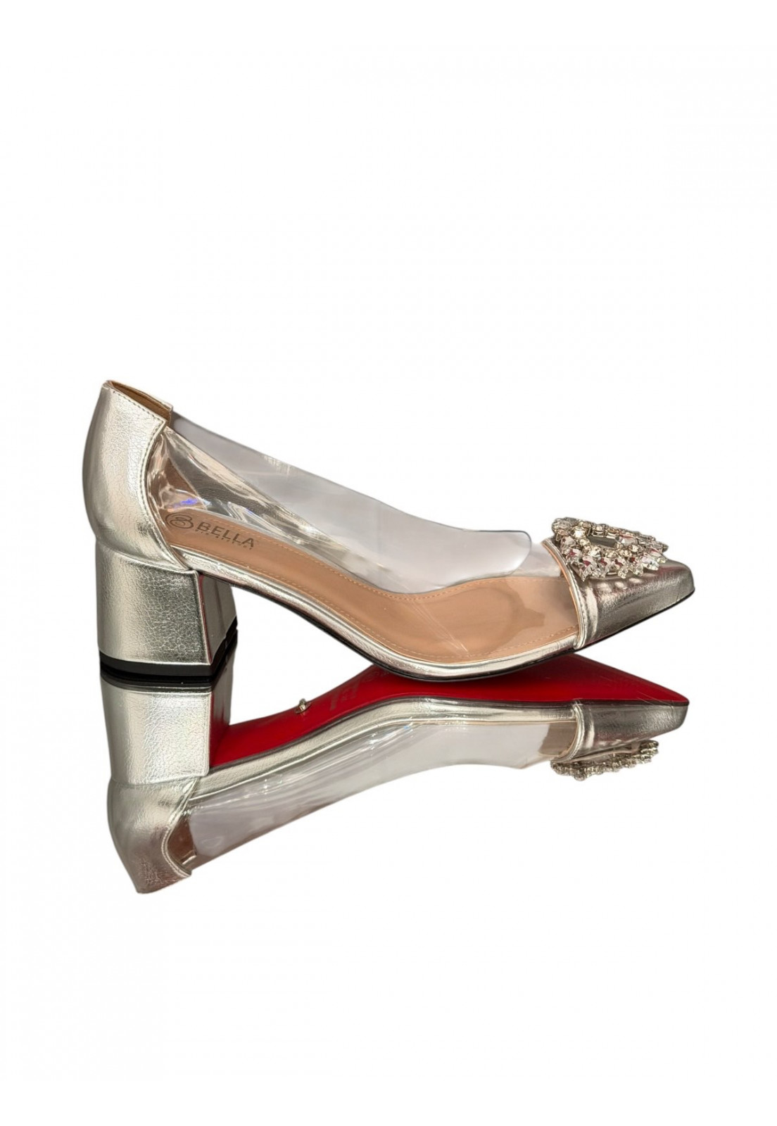 Scarpin Prata Holográfico e Vinil com pedraria Salto bloco 5 cm
