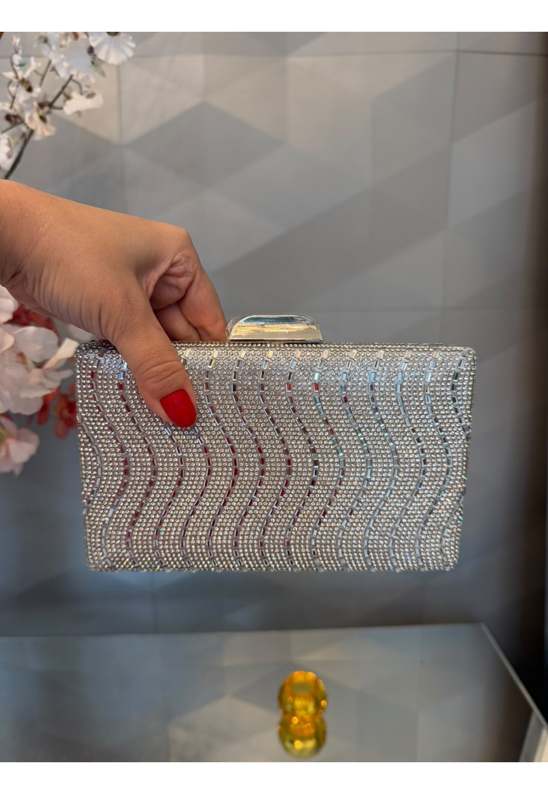 Bolsa Clutch retangular Luxo Brilho Prata
