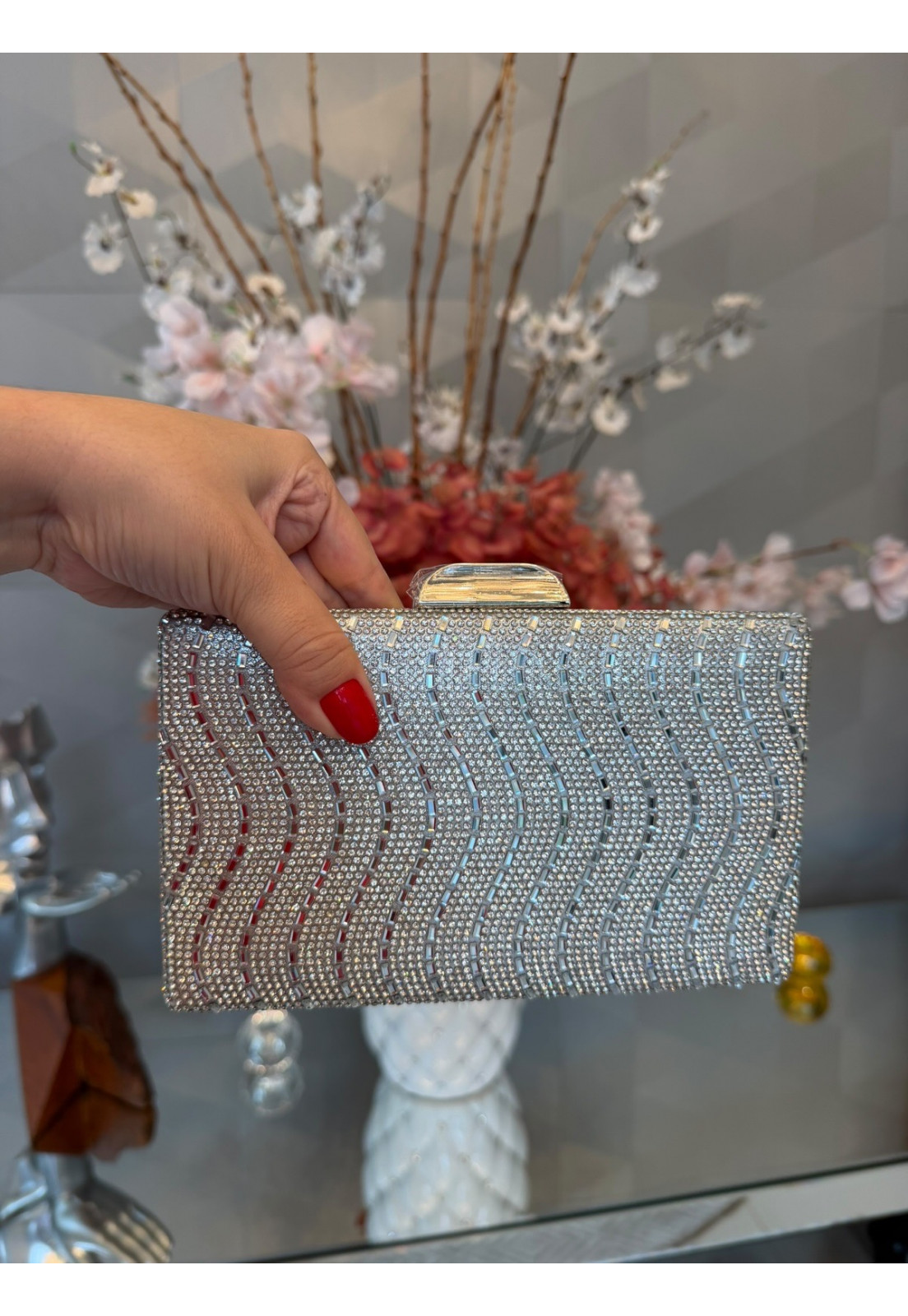 Bolsa Clutch retangular Luxo Brilho Prata Bolsa Clutch retangular Luxo Brilho Prata