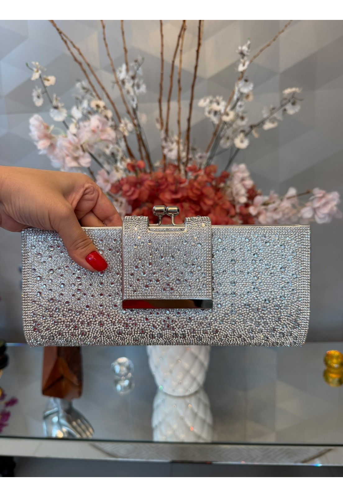 Bolsa Clutch Carteira Luxo pedrarias Prata