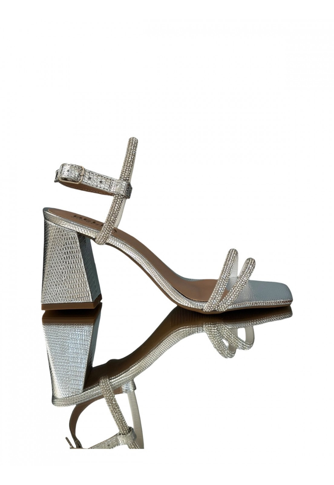 Sandália Prata com Strass Salto Bloco 7cm