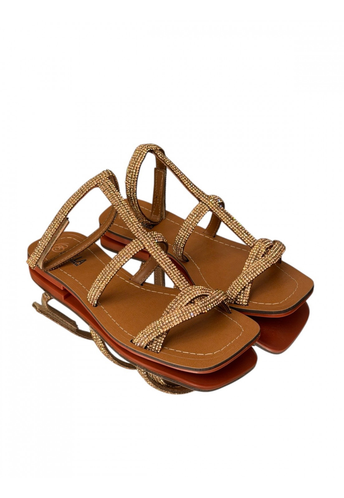 Rasteira em Couro Estilo Gladiadora com Brilho Dourado Rasteira em Couro Estilo Gladiadora com Brilho Dourado
