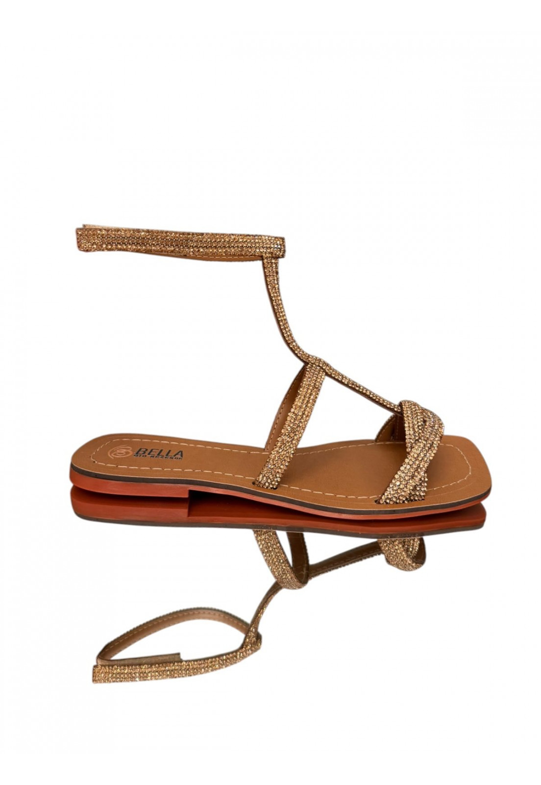 Rasteira em Couro Estilo Gladiadora com Brilho Dourado Rasteira em Couro Estilo Gladiadora com Brilho Dourado