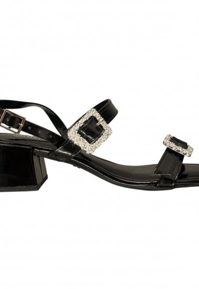 Sandália Salto bloco 5cm metalizado preto com duas fivelas prata