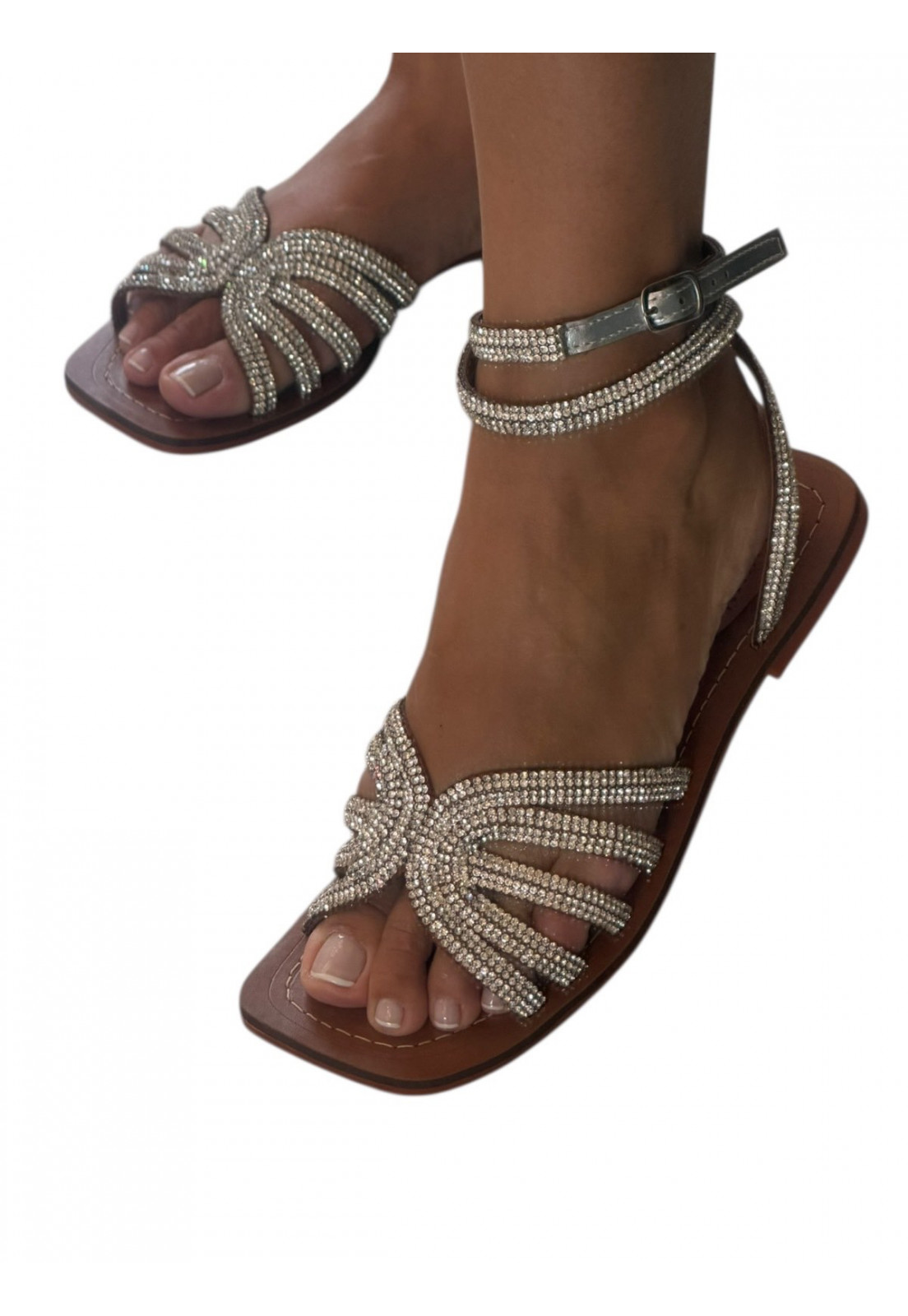 Rasteira em couro Strass Prata 