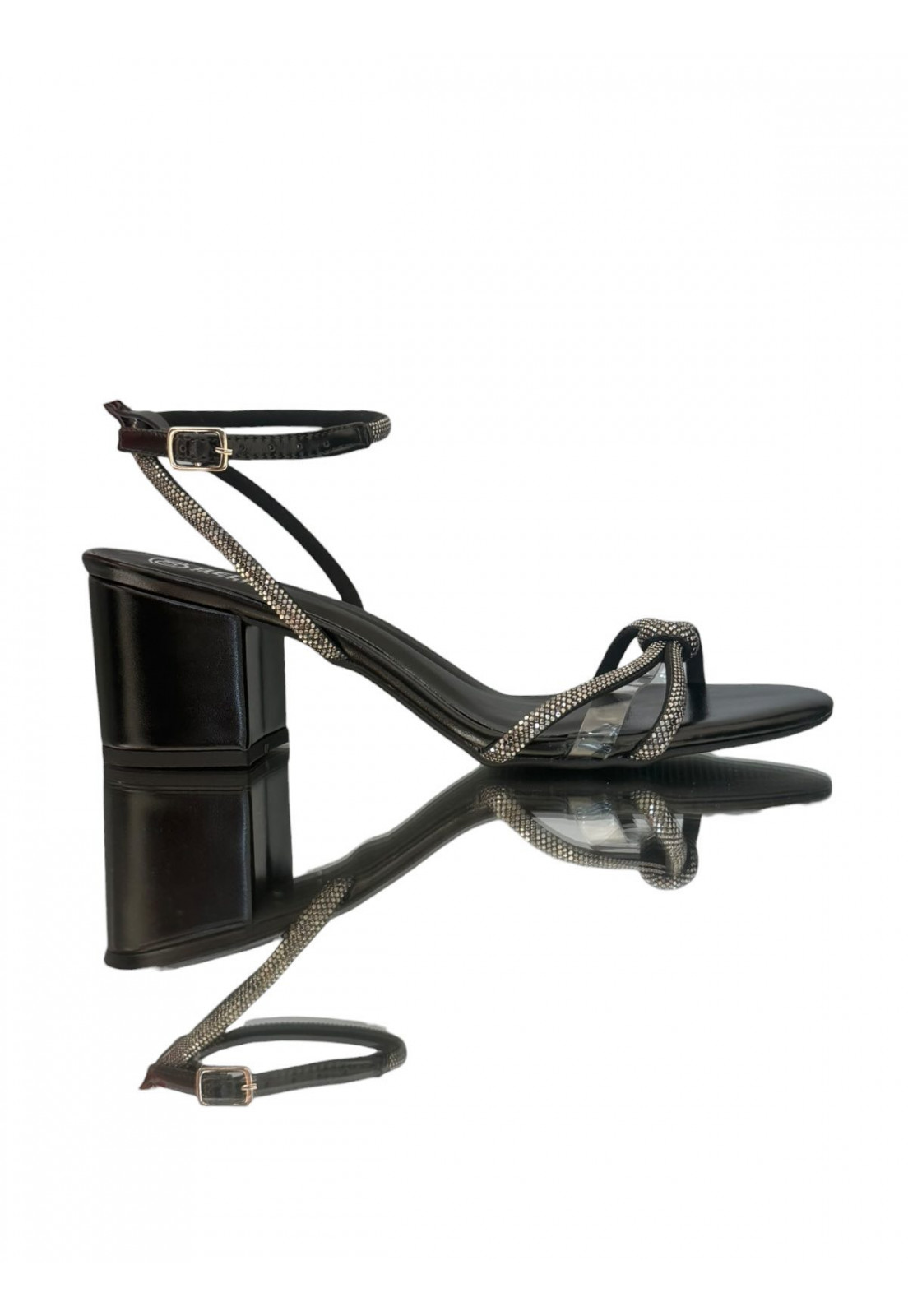 Sandália Preta Salto bloco 5,5 cm Strass entrelaçado Grafite