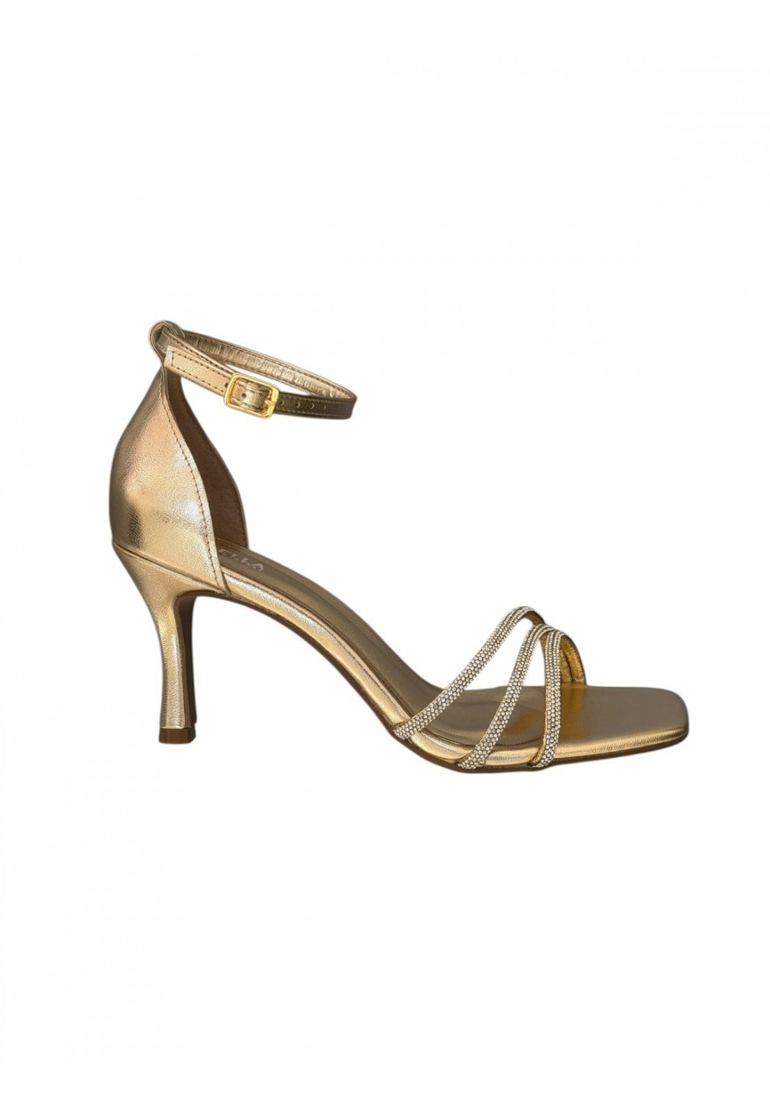 Sandália Dourada Com Strass Salto fino 7cm