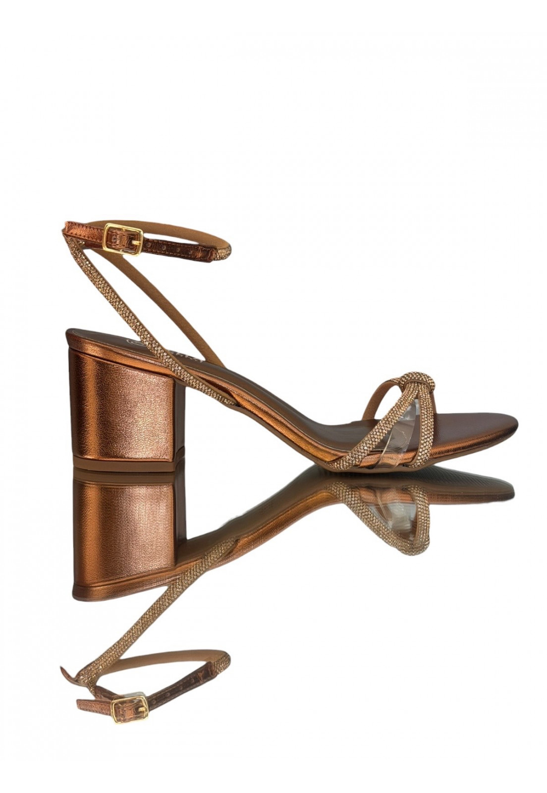 Sandália Bronze Salto bloco 5,5 cm Strass entrelaçado