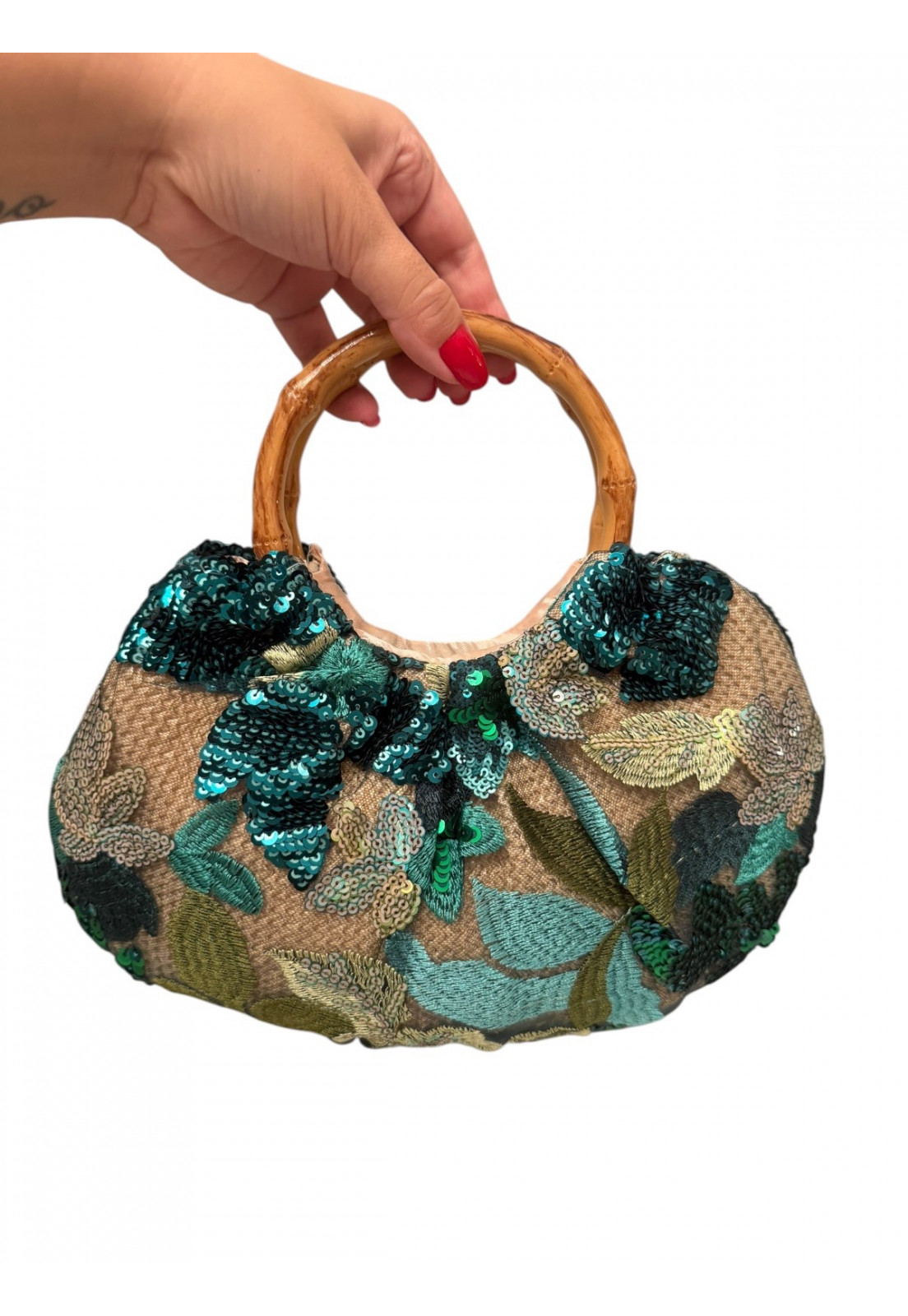 Bolsa Bordada Verde Elegance com Alça Efeito Bambu