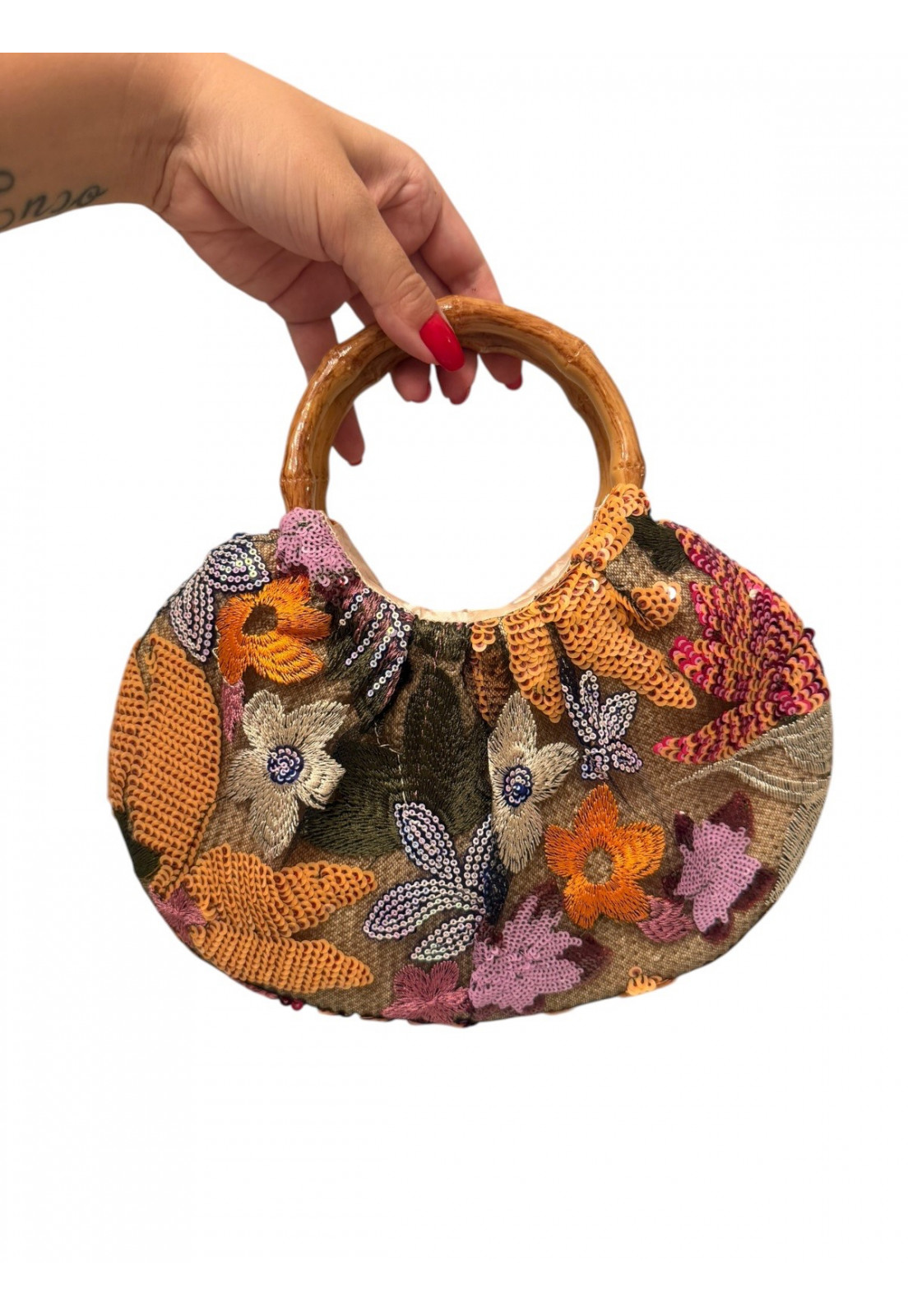 Bolsa Bordada Laranja Elegance com Alça Efeito Bambu