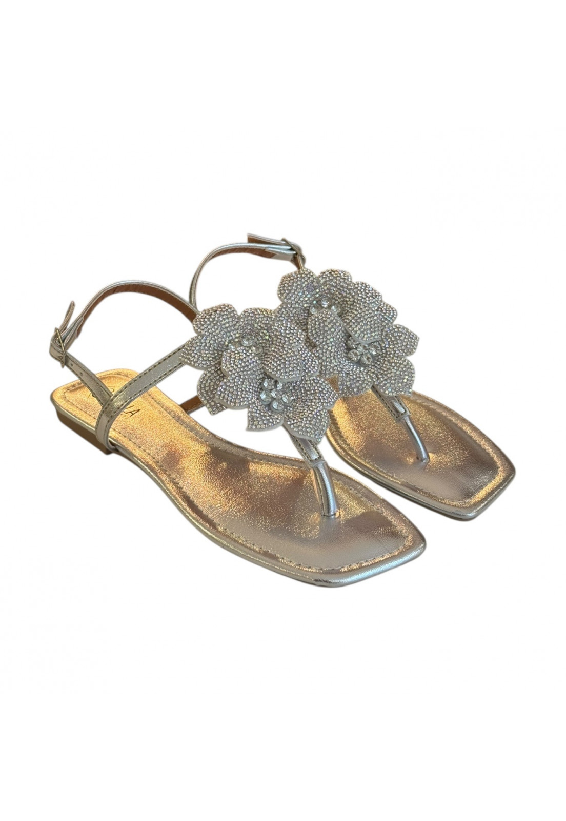 Rasteira de dedo Prata Metalizada flores Brilho Prata Furtacor Rasteira de dedo Prata Metalizada flores Brilho Prata Furtacor