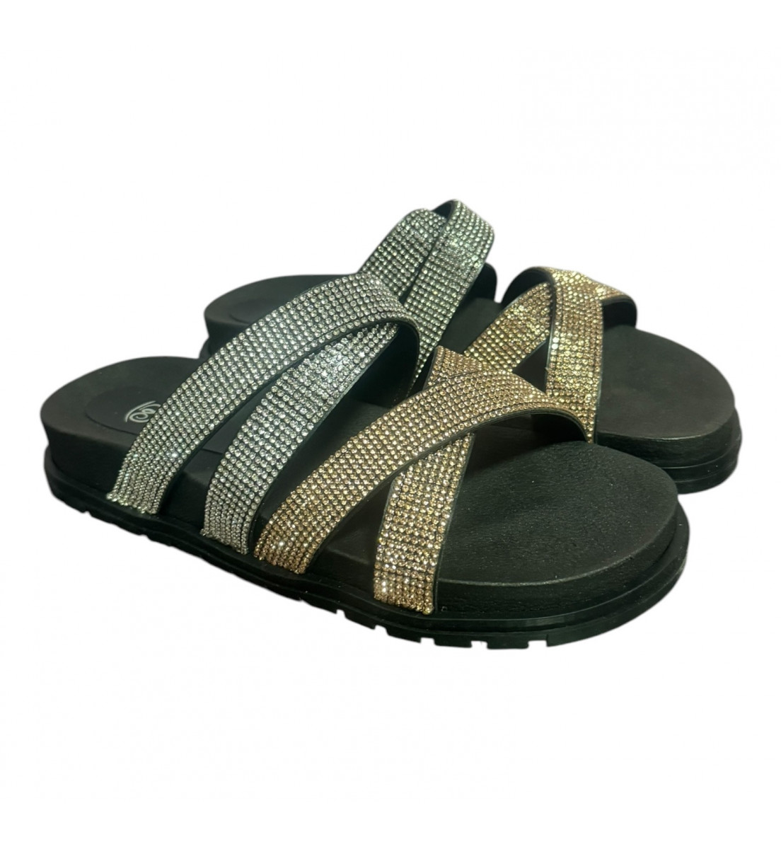 Sandália Papete BIRKEN Preto com Cristais prata e Bronze