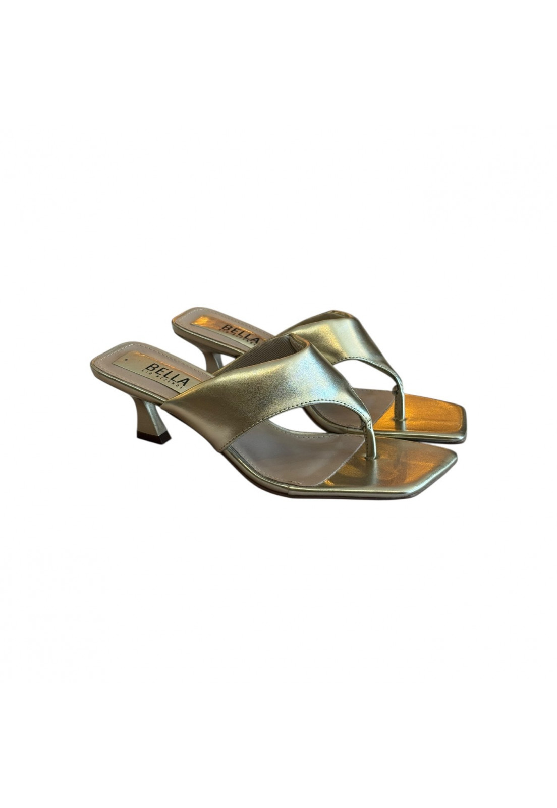 Sandália Tamanco de dedo Dourado Metalizado bico Quadrado Salto 4 cm Sandália Tamanco de dedo Dourado Metalizado bico Quadrado Salto 4 cm