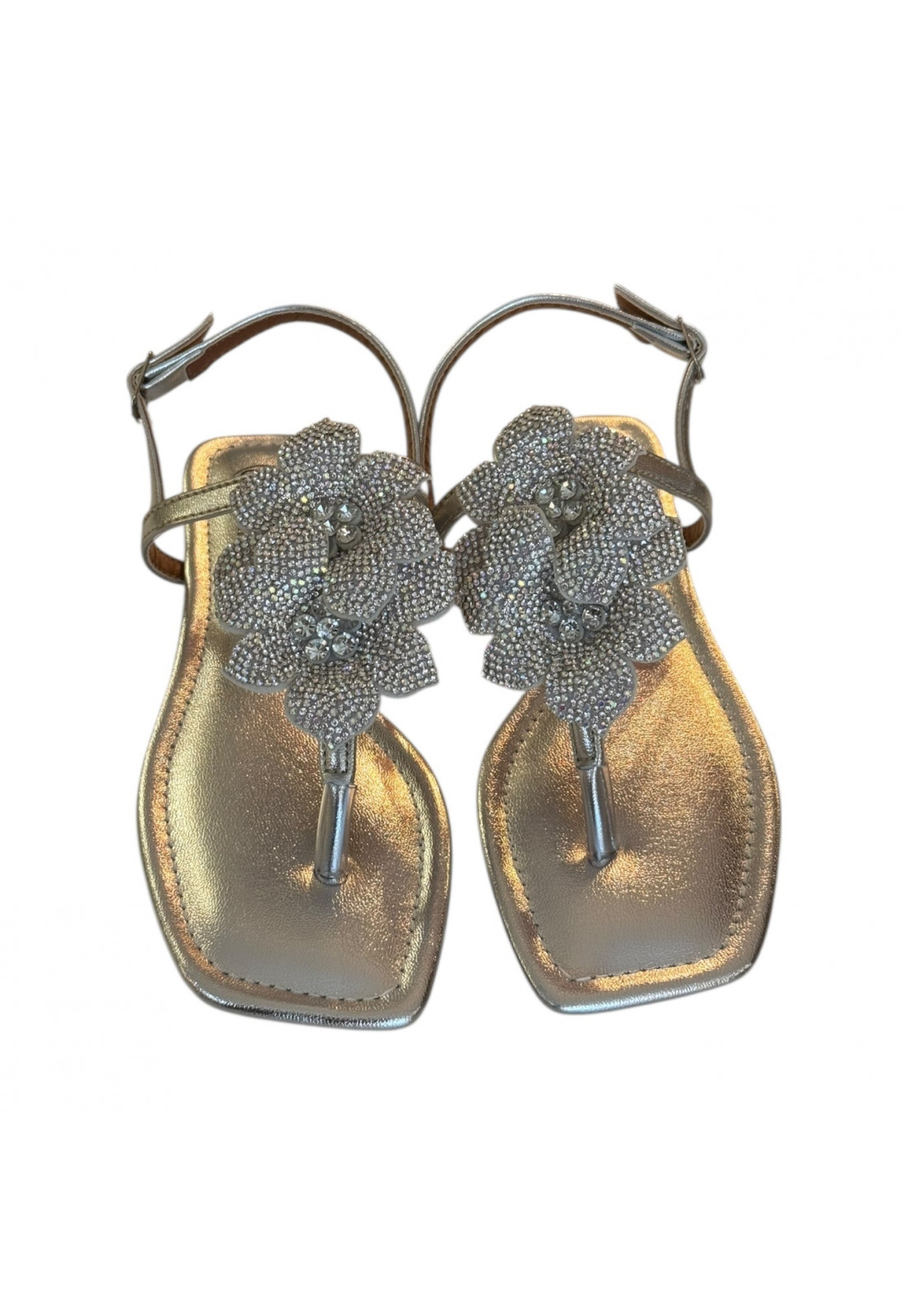 Rasteira de dedo Prata Metalizada flores Brilho Prata Furtacor Rasteira de dedo Prata Metalizada flores Brilho Prata Furtacor